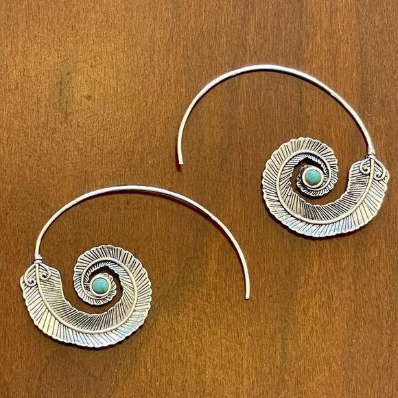 Medium Silver Feather Spiral Earrings in Red or Turquoise Blue #687 - Picture 10 of 15